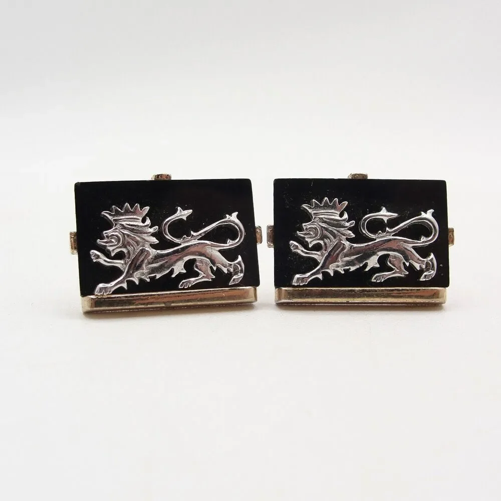 Vintage Swank Lion Cufflinks Heraldic Crowned Black Onyx Silver Gold Tone MCM